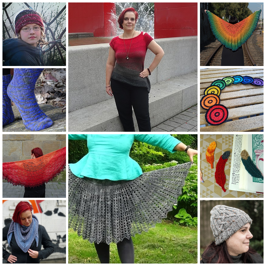 A collage of hand knit or crochet items