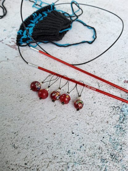 red glass stitch markers for knitting, set of 5 - Image 2