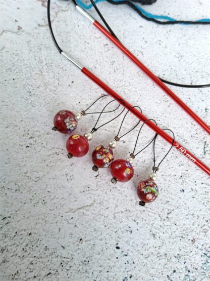 red glass stitch markers for knitting, set of 5 - Image 3
