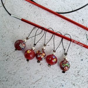 red glass stitch markers for knitting, set of 5