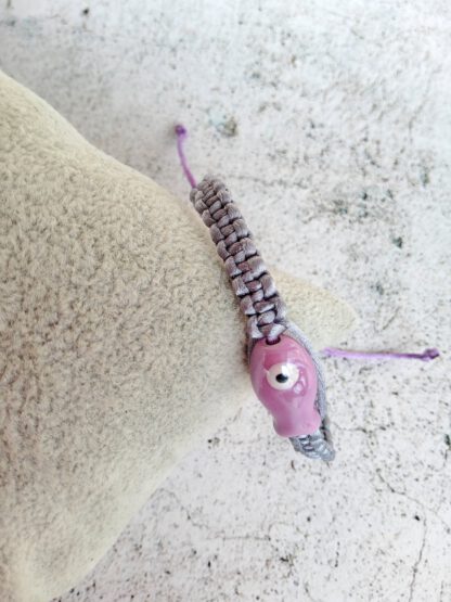Purple and grey macrame bracelet with ceramic fish bead
